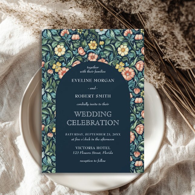Modern blommigt Art nouveau William Morris bröllop Inbjudningar (Modern floral Art Nouveau William Morris wedding Invitation)