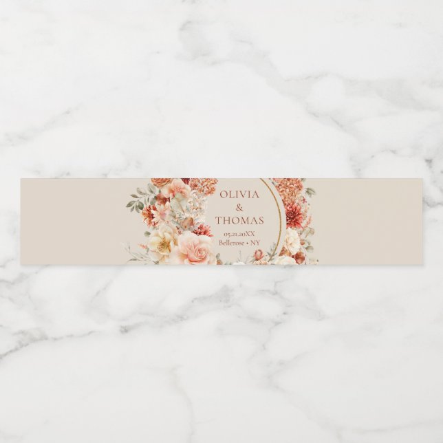 Modern  blommigt av teracotta burgundy vattenflaska etikett (Singel etikett)