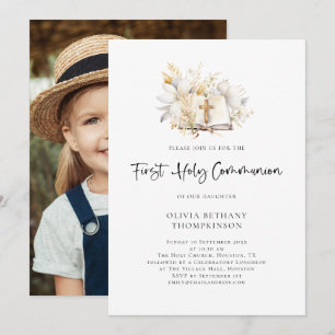 Modern Blommigt Bible Photo First Heliga Communion Inbjudningar