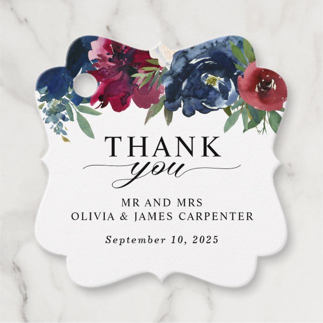 Modern Blommigt - blå burgundy Bröllop Tack Gåvor Etiketter (Framsida)