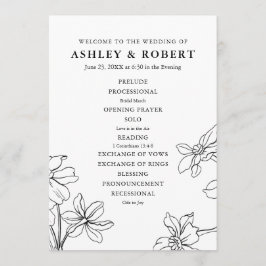 Modern Blommigt Black and White Bröllop Program