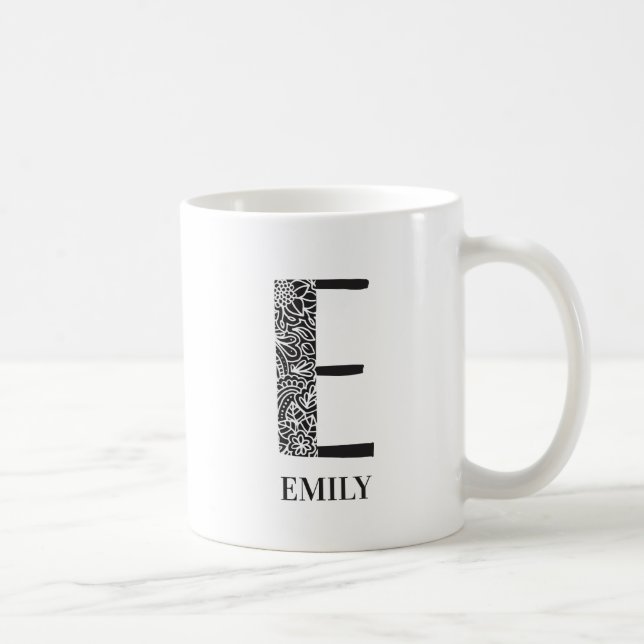Modern Blommigt Black and White Initial E och Namn Kaffemugg (Höger)