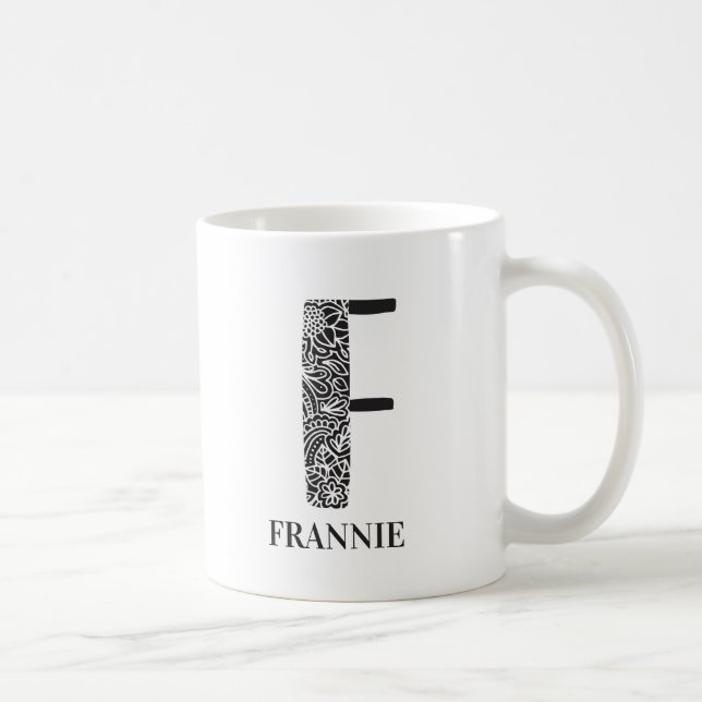 Modern Blommigt Black and White Initial F och Namn Kaffemugg (Höger)