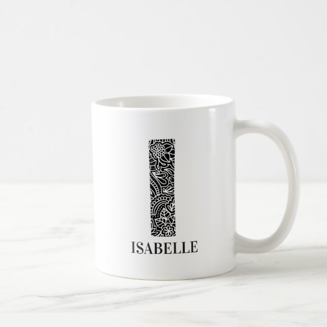 Modern Blommigt Black and White Initial I och Namn Kaffemugg (Höger)
