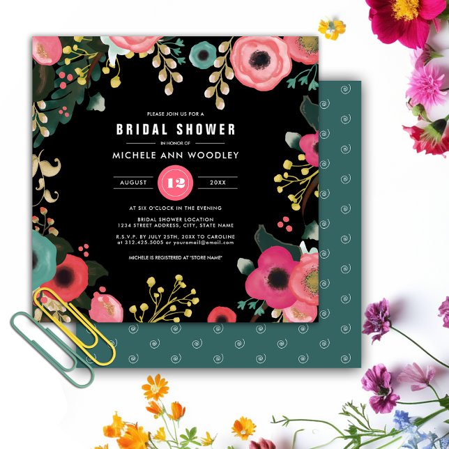 Modern Blommigt Black | ROSA | Uppgift om Möhippa Inbjudningar (Skapare uppladdad)