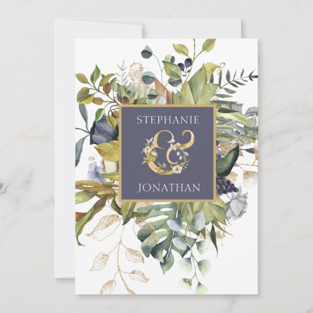 Modern Blommigt |Blått och Grönt med Ampersand Brö Tack Kort (Framsida)