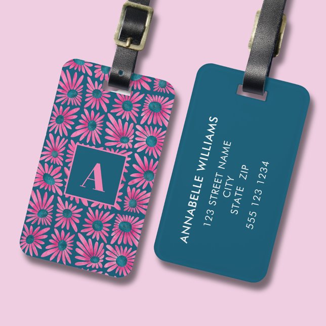Modern blommigt-blockutskrift bagagebricka (Modern retro floral luggage tag with pink daisy block print pattern. Add own details to the back.)