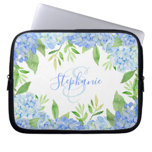 Modern Blommigt Blue Hydrangea Watercolor Monogram Laptop Fodral