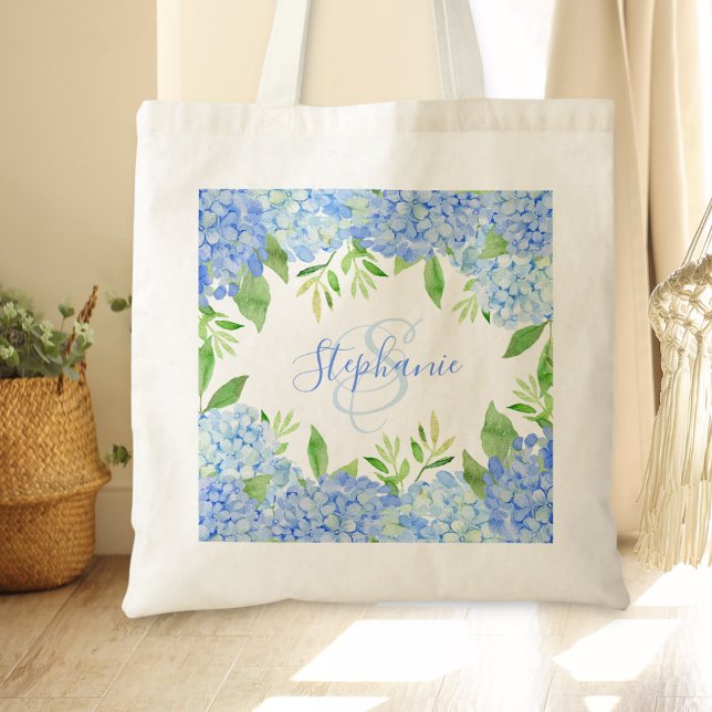 Modern Blommigt Blue Hydrangea Watercolor Monogram Tygkasse (Skapare uppladdad)