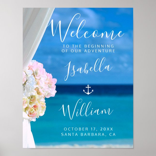 Modern Blommigt Blue Ocean Beach Wedding Poster (Framsidan)