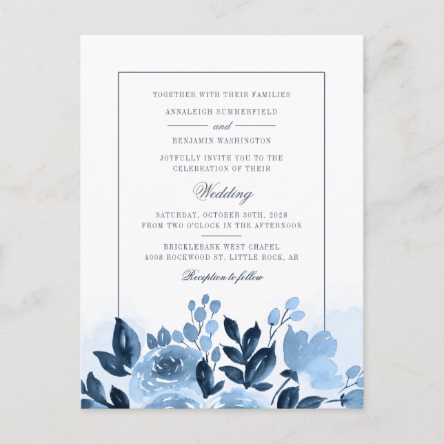 Modern Blommigt Blue Watercolor Flowers Bröllop Inbjudan Vykort (Framsida)