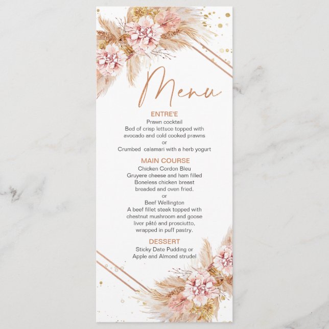 Modern Blommigt Boho med Pampas Grass Menu Meny (Framsida)