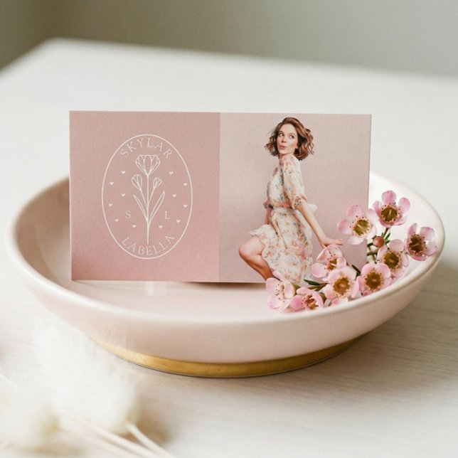 Modern Blommigt Botanic Line-Art-Logotyp och foto- Visitkort (Modern Floral Botanic Line-Art Logo & Photo Blush Business Card)