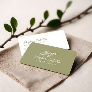 Modern Blommigt Botanic Line-art-Logotyp Oliv grön Visitkort