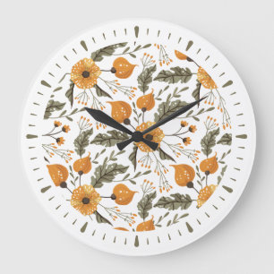 Modern Blommigt Botanical Mönster Golden Grönt Stor Klocka