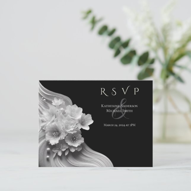 Modern Blommigt Bröllop Black and White Vykort (Stående Fram)