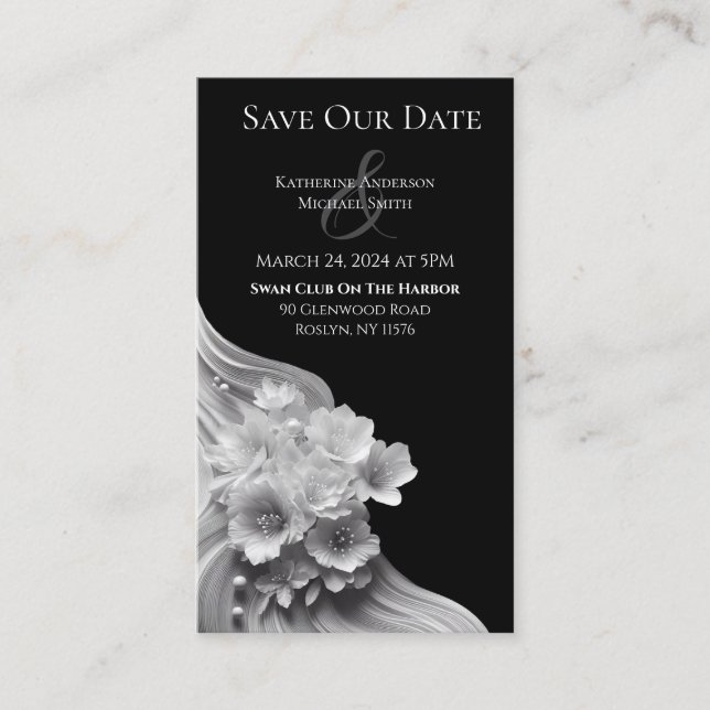 Modern Blommigt Bröllop-Black och White Visitkort (Framsida)