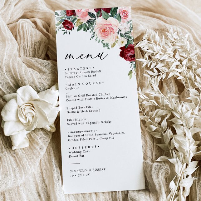 Modern Blommigt Burgundy  Grey Bröllop Menu Meny (Skapare uppladdad)