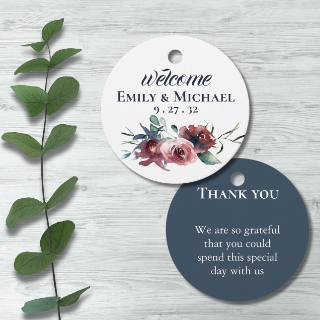 Modern Blommigt Burgundy Navy Peach  Circle Gåvor Etiketter (Skapare uppladdad)