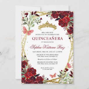 Modern Blommigt Burgundy Red Guld Tiara Quinceañer Inbjudningar