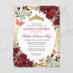 Modern Blommigt Burgundy Red Guld Tiara Quinceañer Vykort