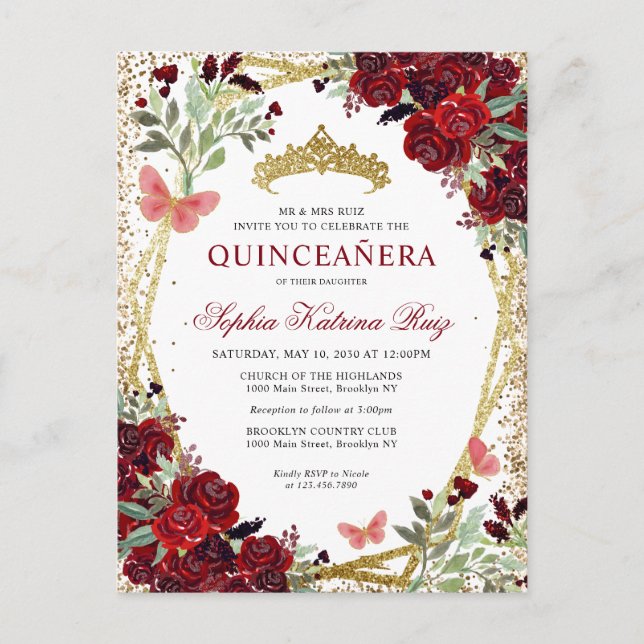 Modern Blommigt Burgundy Red Guld Tiara Quinceañer Vykort (Framsida)