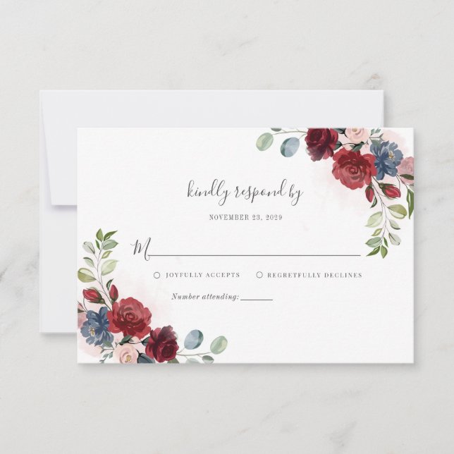 Modern Blommigt Burgundy Rustic Script Bröllop OSA Kort (Framsida)