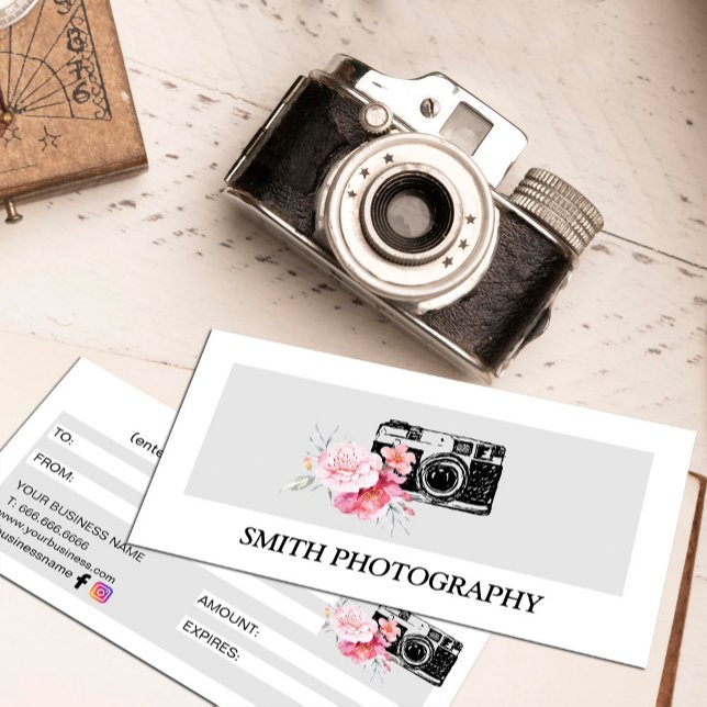 Modern Blommigt Camera Photograf Gift-certifikat (Modern Floral Camera Photographer Gift Certificate #photographer #pinkblush #cameradrawing)