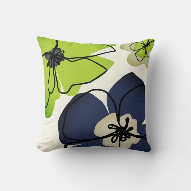 Modern Blommigt Chartreuse Navy Cream Flower Ivory Kudde (Framsida)