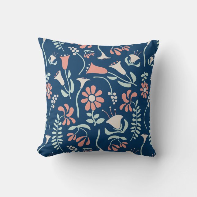 Modern Blommigt Coral, Navy, Mint Grönt Patterned Kudde (Framsida)