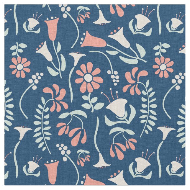 Modern Blommigt Coral, Navy, Mint Grönt Patterned Tyg (Närbild)