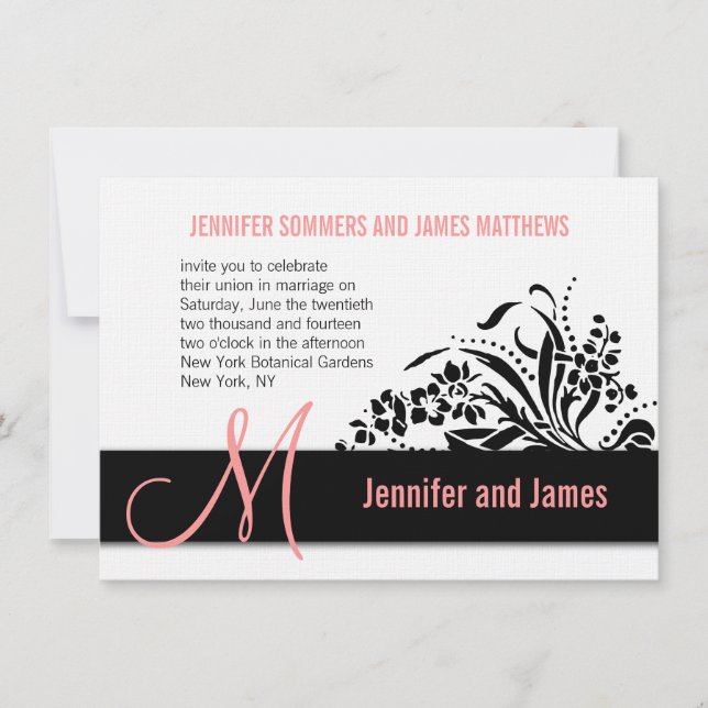 Modern Blommigt Coral Wedding Monogram Inbjudningar (Framsida)