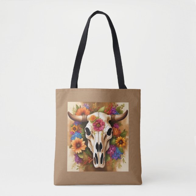 Modern Blommigt Cow Skull med blommor Tote Tygkasse (Framsida)
