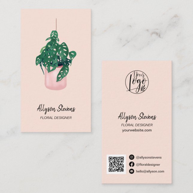 Modern blommigt designer Monstera rosa logotyp qr- Visitkort (Fram/baksida)