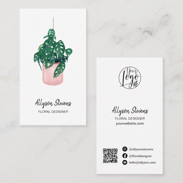 Modern blommigt designer monstera vit logotyp qr-k visitkort (Fram/baksida)