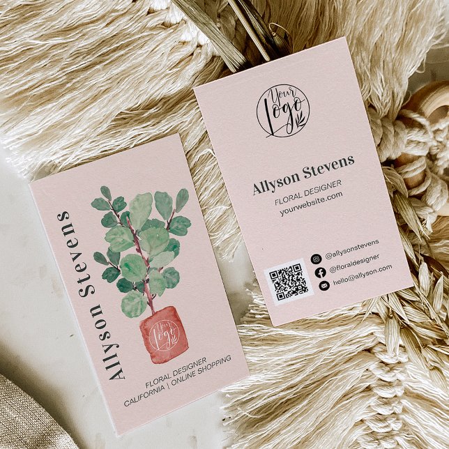 Modern blommigt designer Plant rosa logotyp qr-kod Visitkort (Skapare uppladdad)