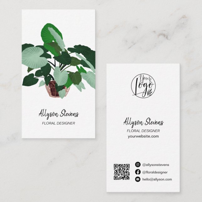 Modern blommigt designer växt vit logotyp qr-kod visitkort (Fram/baksida)