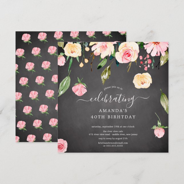 Modern Blommigt Drop Rosa Peonies Födelsedagsfest  Inbjudningar (Fram/baksida)