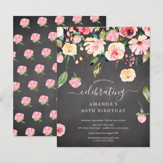 Modern Blommigt Drop Rosa Peonies Födelsedagsfest  Inbjudningar (Fram/baksida)