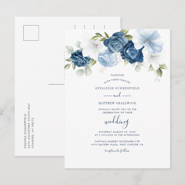 Modern Blommigt Dusty Blue Botanical Bröllop Inbjudan Vykort (Fram/baksida)