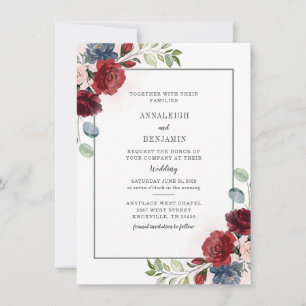 Modern Blommigt Dusty Blue Burgundy Foliage Bröllo Inbjudningar