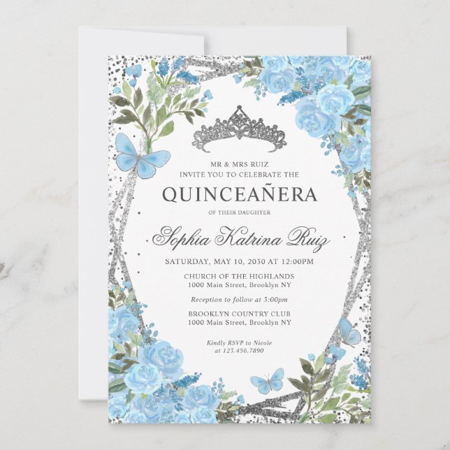 Modern Blommigt Dusty Blue Silver Tiara Quinceañer Inbjudningar (Framsida)