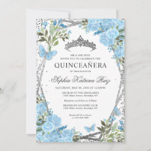 Modern Blommigt Dusty Blue Silver Tiara Quinceañer Inbjudningar