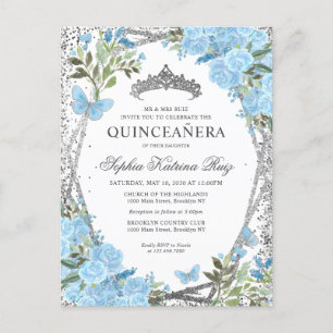 Modern Blommigt Dusty Blue Silver Tiara Quinceañer Vykort