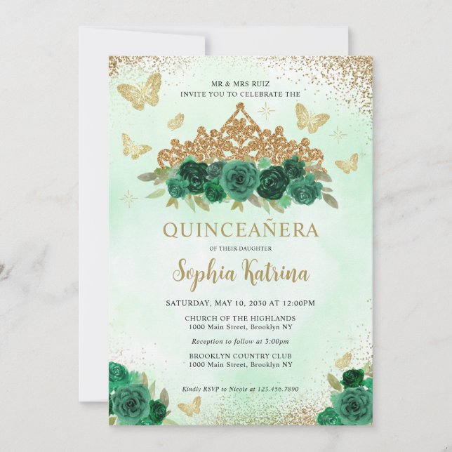 Modern Blommigt Emerald Grönt Guld Tiara Quinceañe Inbjudningar (Framsida)