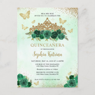 Modern Blommigt Emerald Grönt Guld Tiara Quinceañe Vykort