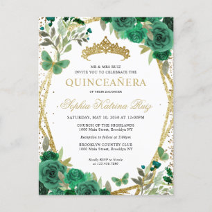 Modern Blommigt Emerald Grönt Guld Tiara Quinceañe Vykort