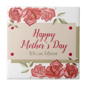 Modern Blommigt Flower Grönt Röd ros Mors dag Kakelplatta