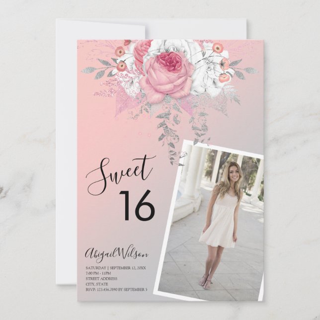 Modern blommigt-födelsedagsfest för sweet sixteen inbjudningar (Framsida)