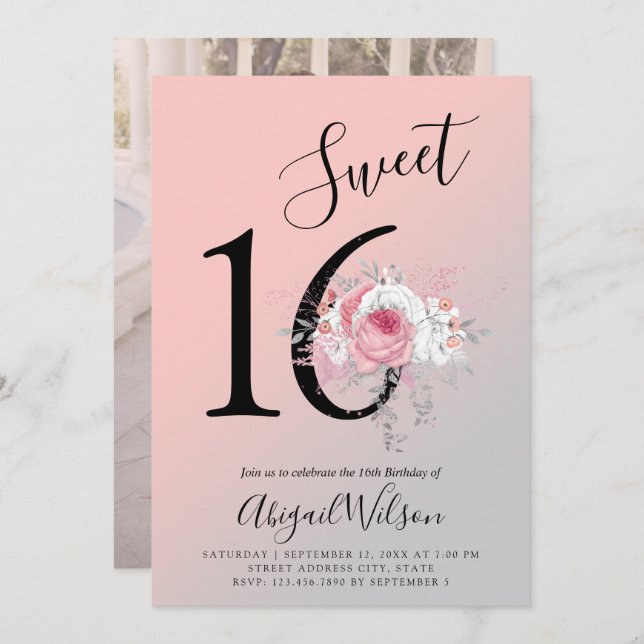 Modern blommigt-födelsedagsfest för sweet sixteen inbjudningar (Fram/baksida)